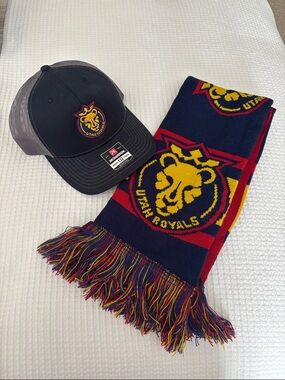 Utah Royals Navy Blue & Red Scarf and Trucker Hat Set